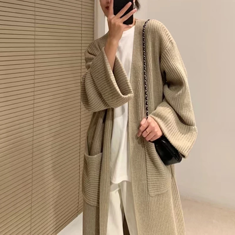 

Женский вязаный кардиган, однотонный кашемировый свитер свободного покроя с длинными рукавами и карманами в Корейском стиле, Осень-зима 2022