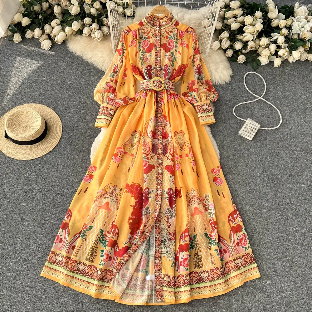 

WTIANYUW 2023 NewVintage Stand Collar Lantern Sleeve Chiffon Women's Print Belt Loose print Summer A Line Maxi Dress