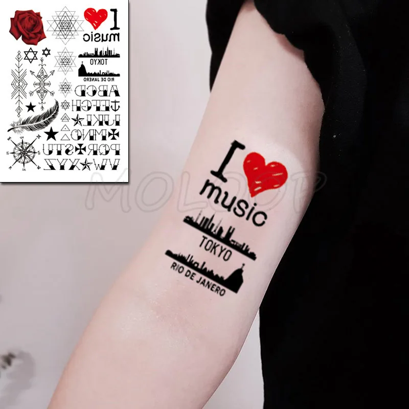 

Rose Hexagram Triangle Compass Feather Letter Tattoos Stickers Women Body Waist Arm Art Tattoos Temporary Girls Tatoos Chains