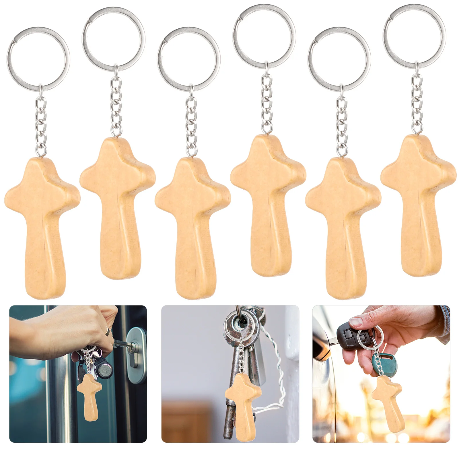 

6 Pcs Cross Key Ring Purse Charm Chain Keychain Car Keys For Women Accessories Gift Decor Wood Pendant
