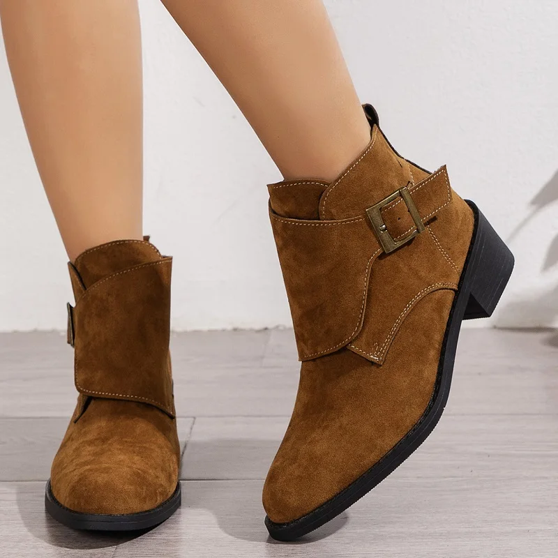 

British Vintage Booties Brown Ankle Boots Women Faux Suede Square Heels Short Boots Woman Metal Buckle Autumn Winter Boats Mujer