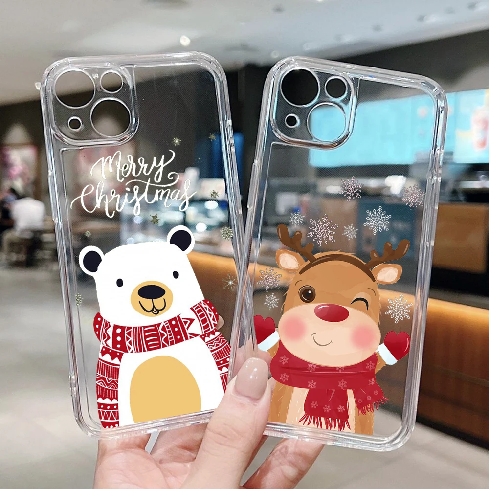 Merry Christmas Tree Elk Santa Claus Holiday Phone Case For Samsung Galaxy S21 S20 FE S22 A73 A53 A72 A12 A13 Transparent Cover
