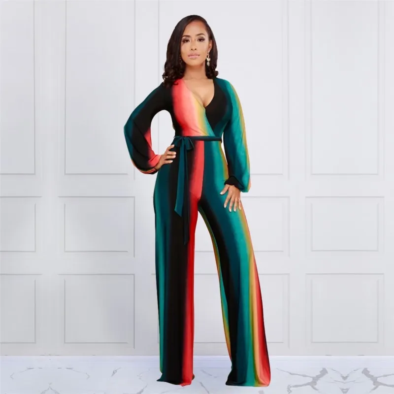 Fall/Winter Rainbow Striped Long Belt Bodysuit Women Long Sleeve V-Neck Sexy Jumpsuit Stretch High Waist Trousers New Arrival