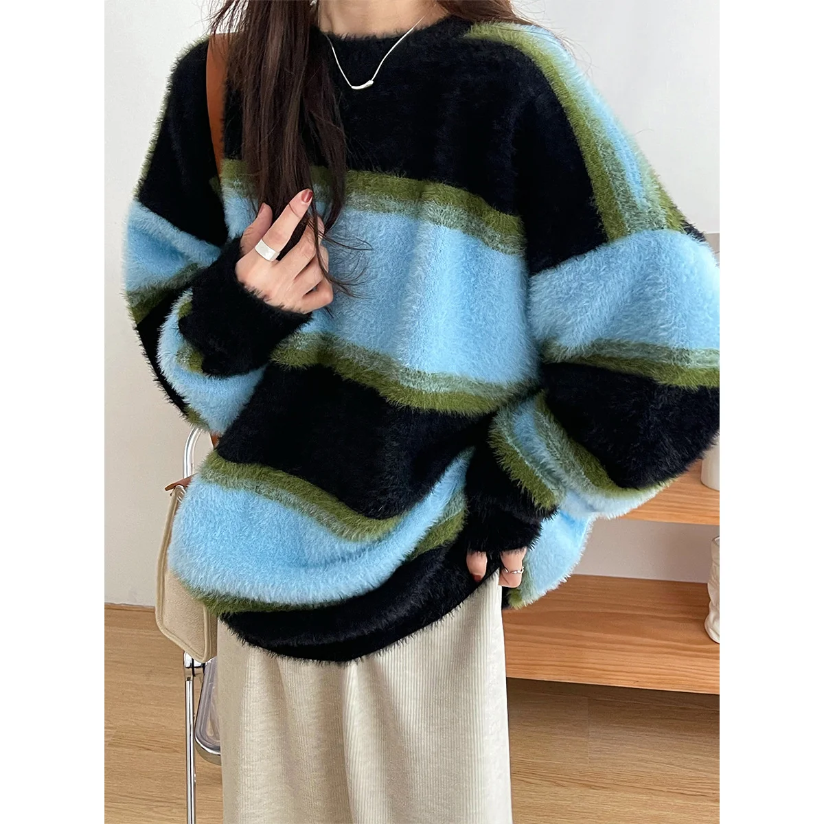 

Lazy Knitted cardigan knit flower korean Sweater shirts fashion tops for Women 2022 Winter Thick Coat ins Loose Stripe