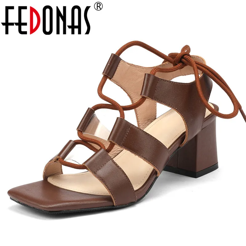 

FEDONAS Fashion Cross-Tied Women Sandals Party Casual Rome Style Thick Heeled Pumps Summer Genuine Leather Shoes Woman 2022 New