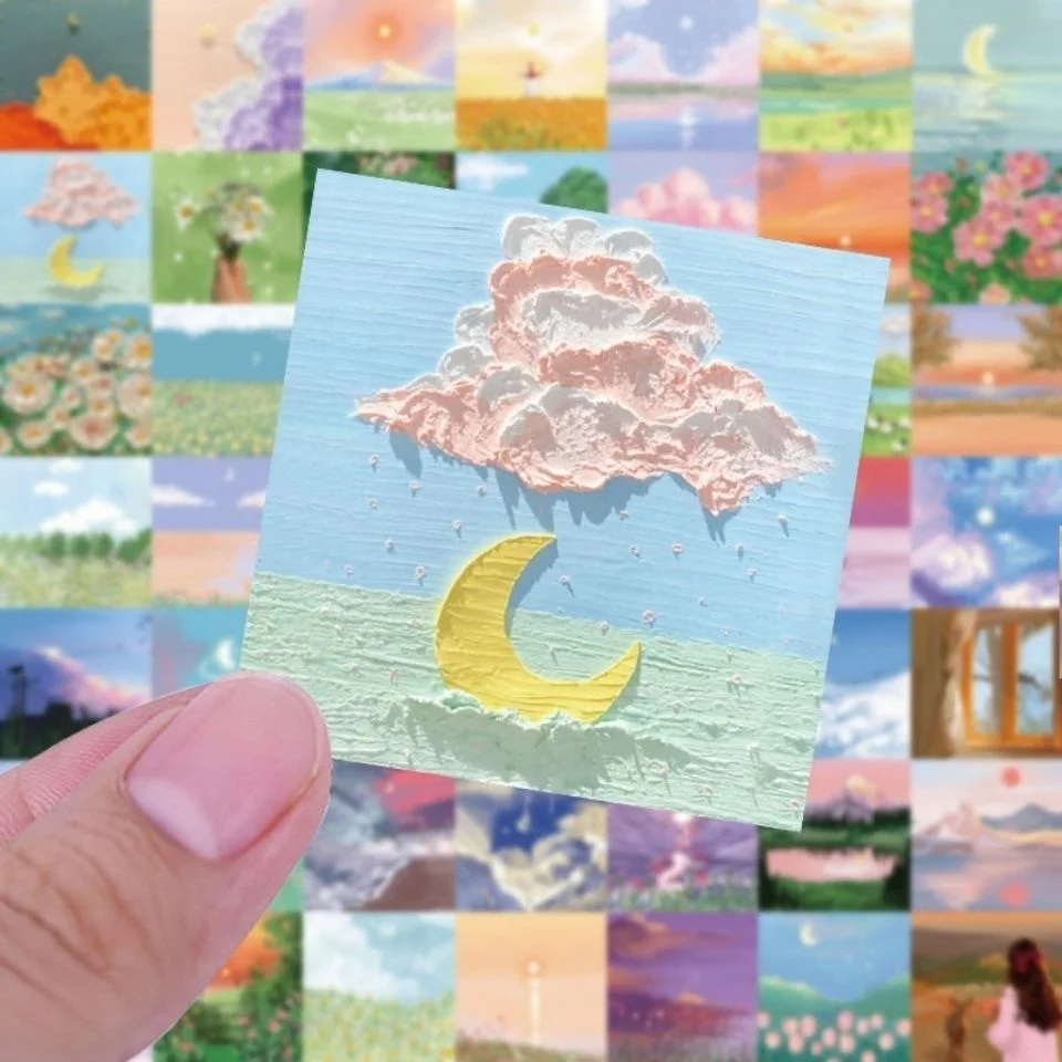 

60/150pcs landscape illustrations girl stickers ins material creative DIY stickers oil pastel flowers sky moon waterproof