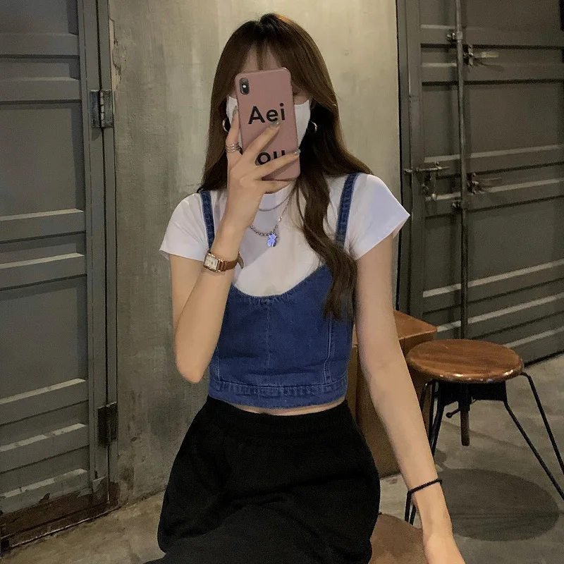 Модный женский джинсовый укороченный топ с высокой талией утягивающий жилет