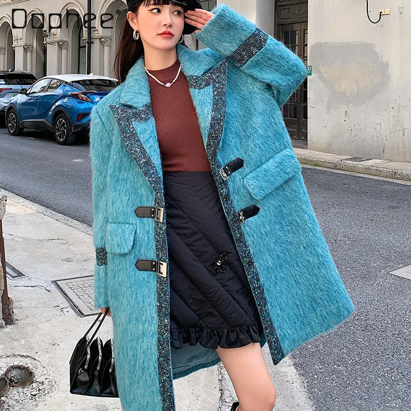 

Women's Blue Thickened Warm Woolen Coat Design Sense Temperament Coat for Ladies Elegant Long Wool Jackets for Ladies Winter