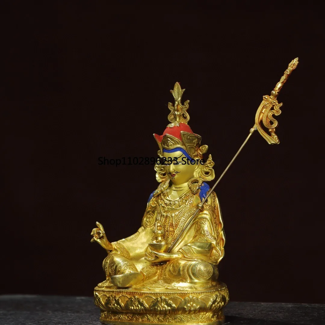 Тибетская латунь окрашенное лицо позолоченный лотос гуру арахиса сидячая статуя