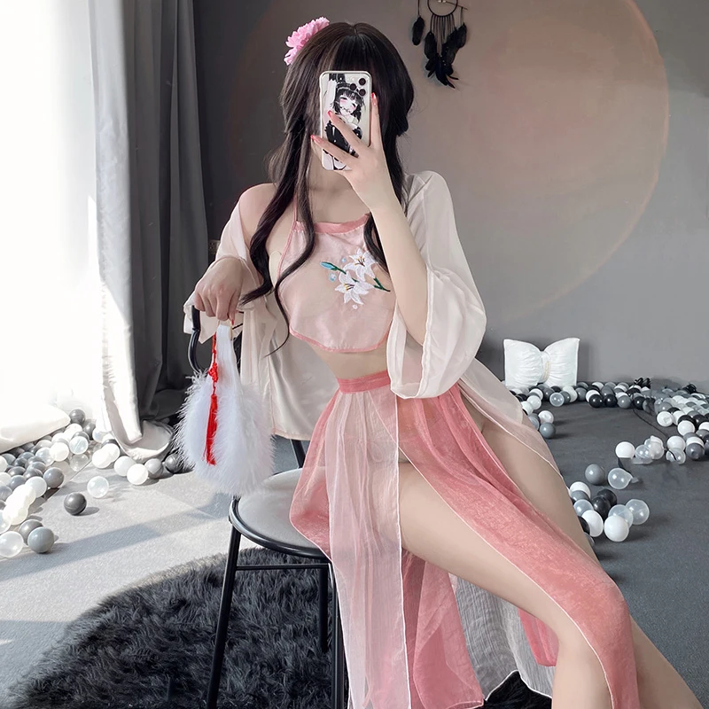 

Women Girl Nightgown Sexy Lingerie Chinese Traditional Bathrobe Mesh Bandage Suit See Through Sleepwear Blossoms Long Robe