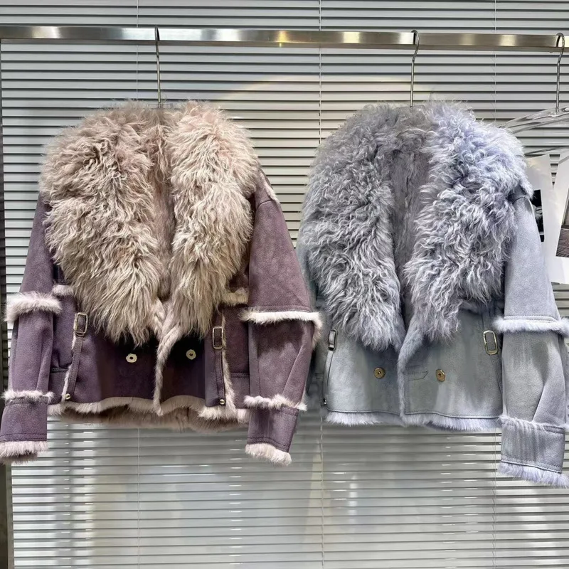 

PREPOMP 2023 Winter New Collection Lambswool Collar Rabbit Fur Liner Pu Faux Leather Jacket Women Thick Warm Coat GM016