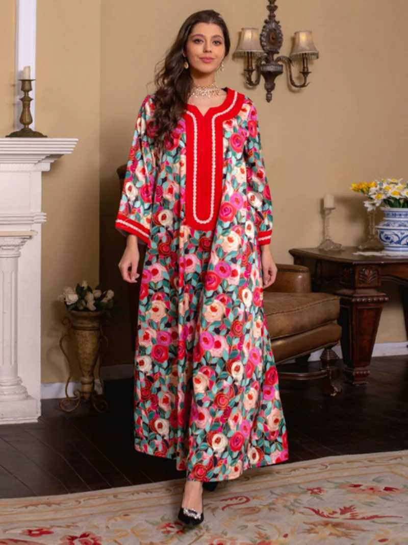 Eid Muslim Women Abaya Morocco Party Dress Musulman Ramadan Diamond Abayas Elegant Floral Print Dresses Prayer Robe Maxi Vestido