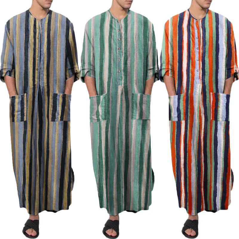 Muslim Southeast Asia new men's loose collar door tube striped long-sleeved robe ethnic style Middle East robe