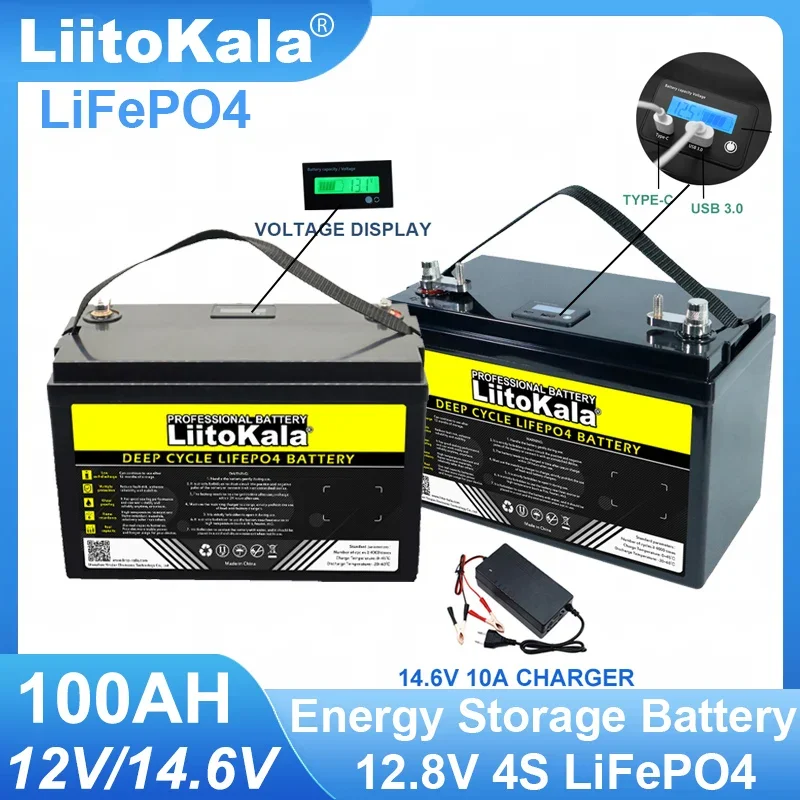 LiitoKala 12 8 В 100 Ач LiFePO4 аккумулятор 4 с литий-железо-фосфатный инвертор тележки для