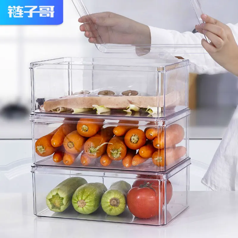 

Chain Brother Transparent Storage Box Cover Can Be Stacked with Kitchen Fruit and Vegetable Refrigerator Fresh-keeping Box Plast