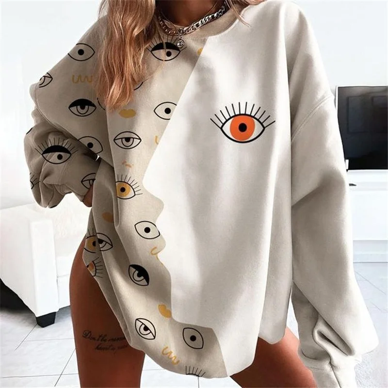 

O-Neck Long Sleeve Loose Plus Size Spring Autumn Pullovers Imaginative Printed Pullovers Eye Face Kiss Impressionism Sweatshirts