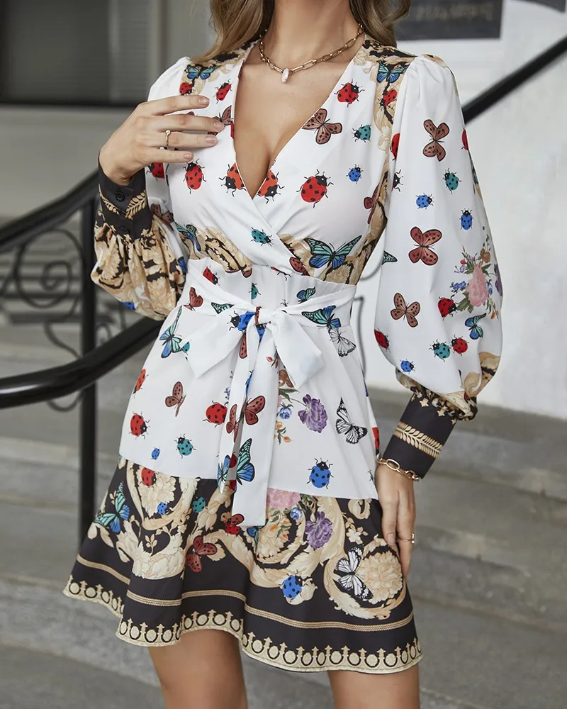 

Модное Хлопковое платье макси с высокой талией, белые платья с принтом, женские платья на тонких бретельках с поясом и V-образным вырезом, об...