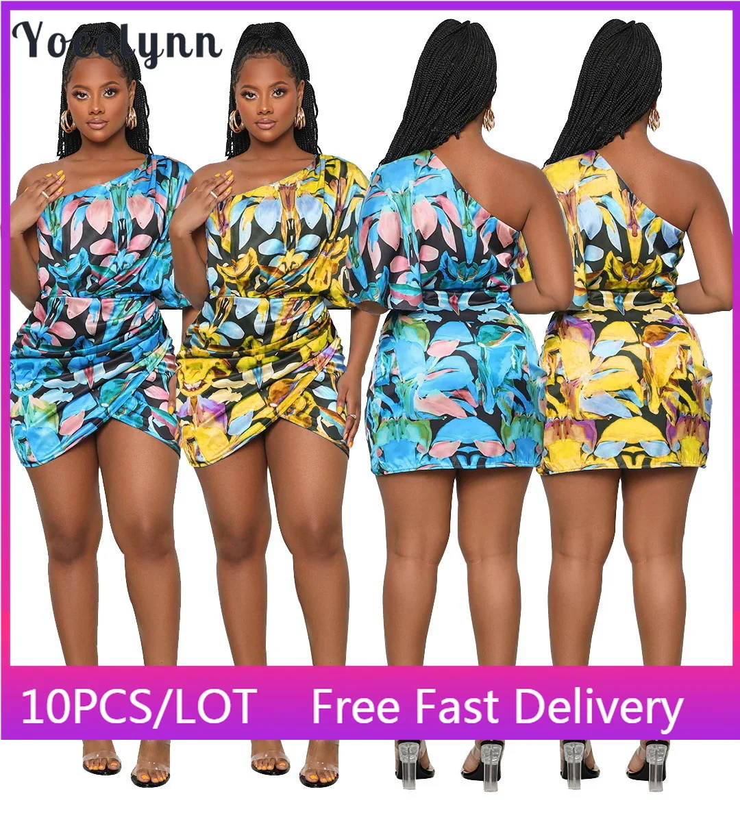 

10PCS Bulk Items Wholesale Lots Sexy One Shoulder Floral Print Mini Dress Night Club Part Outfits Birthday Dress for Women 2022