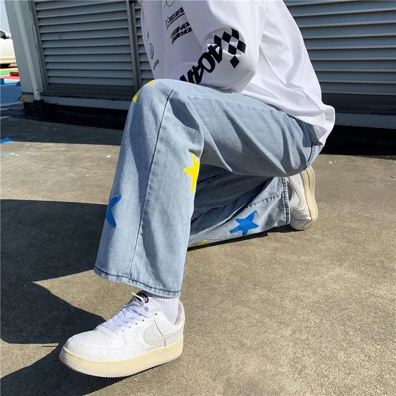 2022 New Fashion Star Print Straight Baggy Men Jeans Trousers Y2K Hip Hop Loose Korean Casual Denim Pants Luxury Pantalon Homme