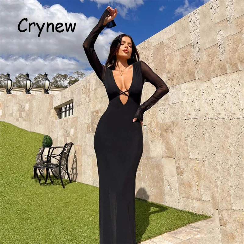 

Осеннее сексуальное Сетчатое облегающее платье-макси Crynew 2023 с длинным рукавом, женское Клубное элегантное Бандажное платье с низким вырезом, наряды