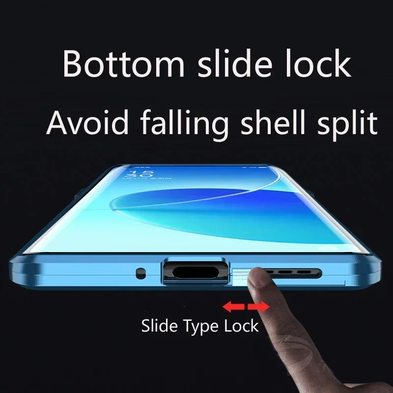 Фото Металлический магнитный чехол для телефона OPPO Reno 11 13A 12 14 FS 10 15 Pro Max 5G с двусторонним закаленным стеклом и защитой объектива №5