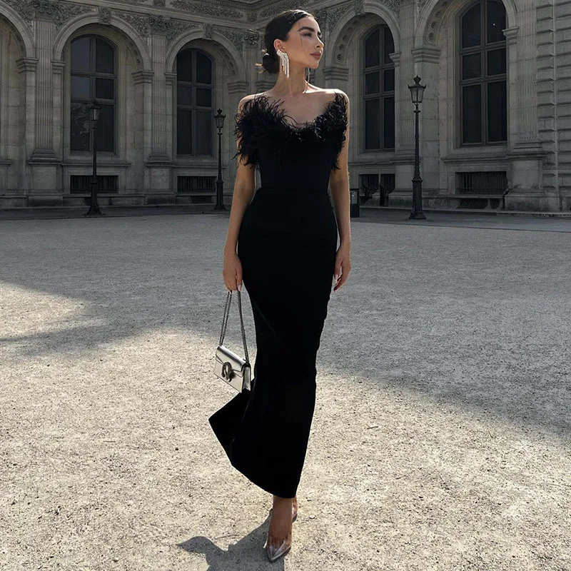 

Jocoo Jolee Elegant Black Feather Strapless Women Maxi Dress Sexy 2023 Autumn Designer White Long Dresses Evening Party Outfits