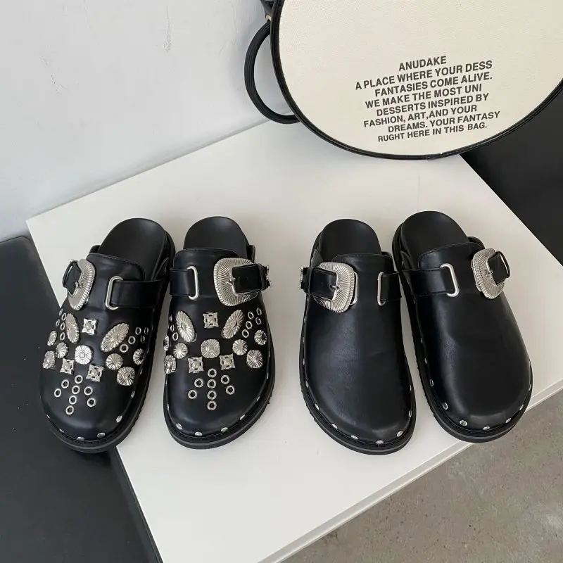 

Summer Women Slippers Platform Rivets Punk Rock Leather Mules Creative Metal Fittings Casual Party Shoes Female Outdoor Slides