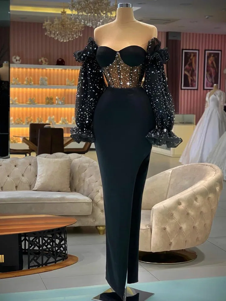 

New Women Sexy Off the Shoulder Black Bandage Dress 2022 High Street Elegant Designer Sparkly Ankle Length Party Dress Vestido