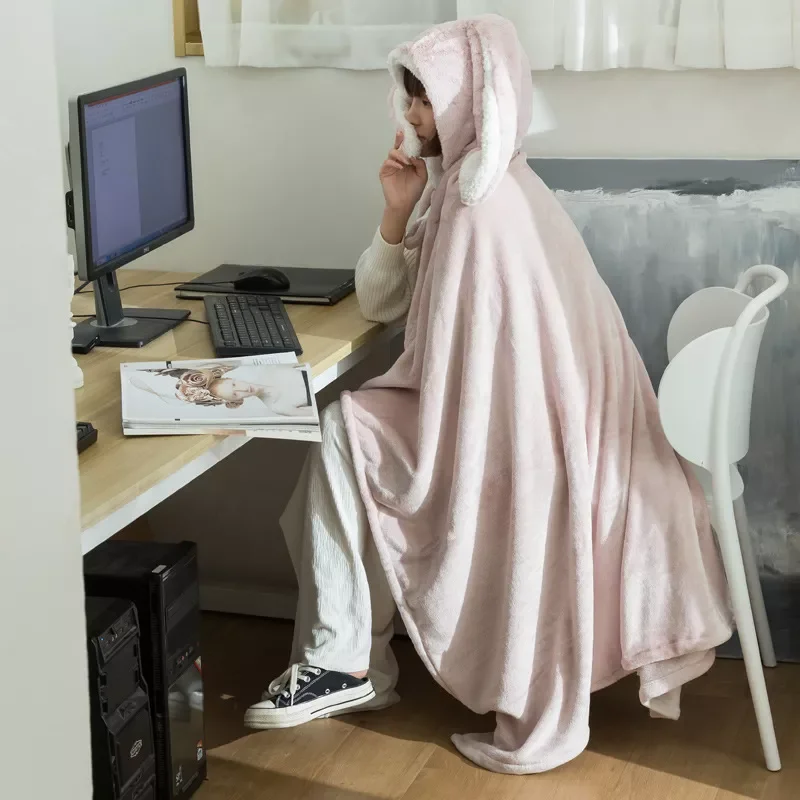 

Wearable Cute Rabbit Blanket Coral Velvet Warm Throw Blanket In Winter Japanese Style Hooded Cloak Blanket Adults Kids