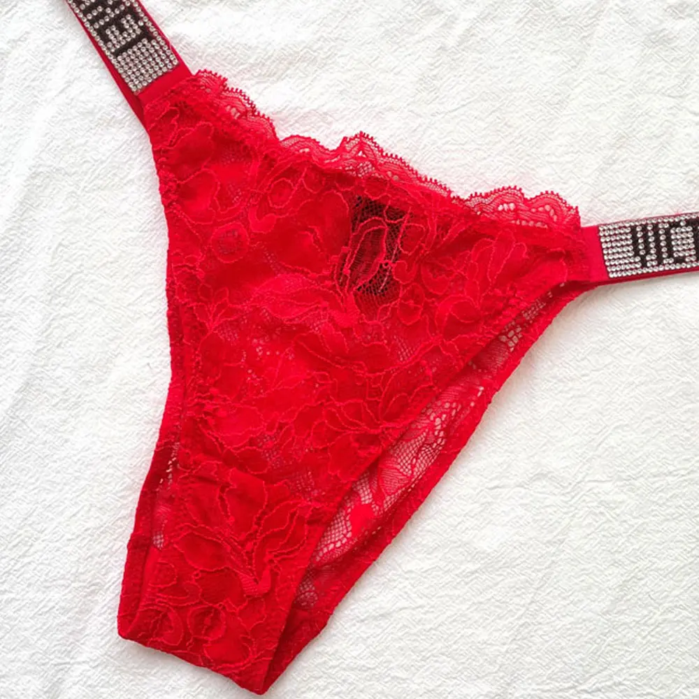 

Lace Letter Rhinestone Thongs Women Panties Sexy Low Waist Lingerie G String Cotton Brand Design Comfortable Seamless Underwear