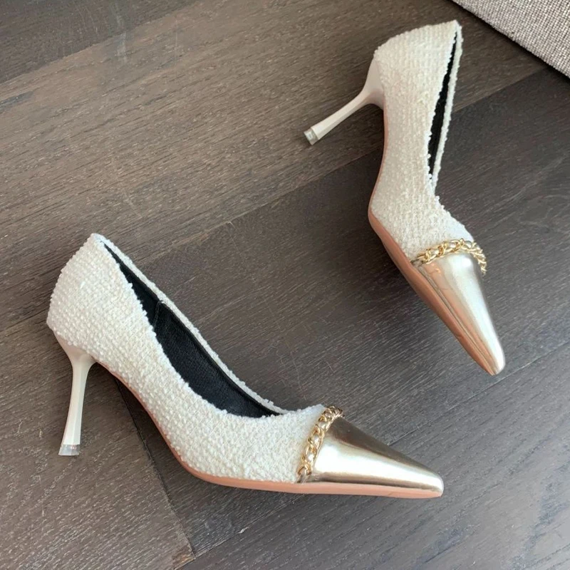 

Chain Sexy High Heels Women Shoes New 2023 Spring Designer Party Shoes Sandals Pointed Toe Dress Pumps Wedding Mujer Zapatillas