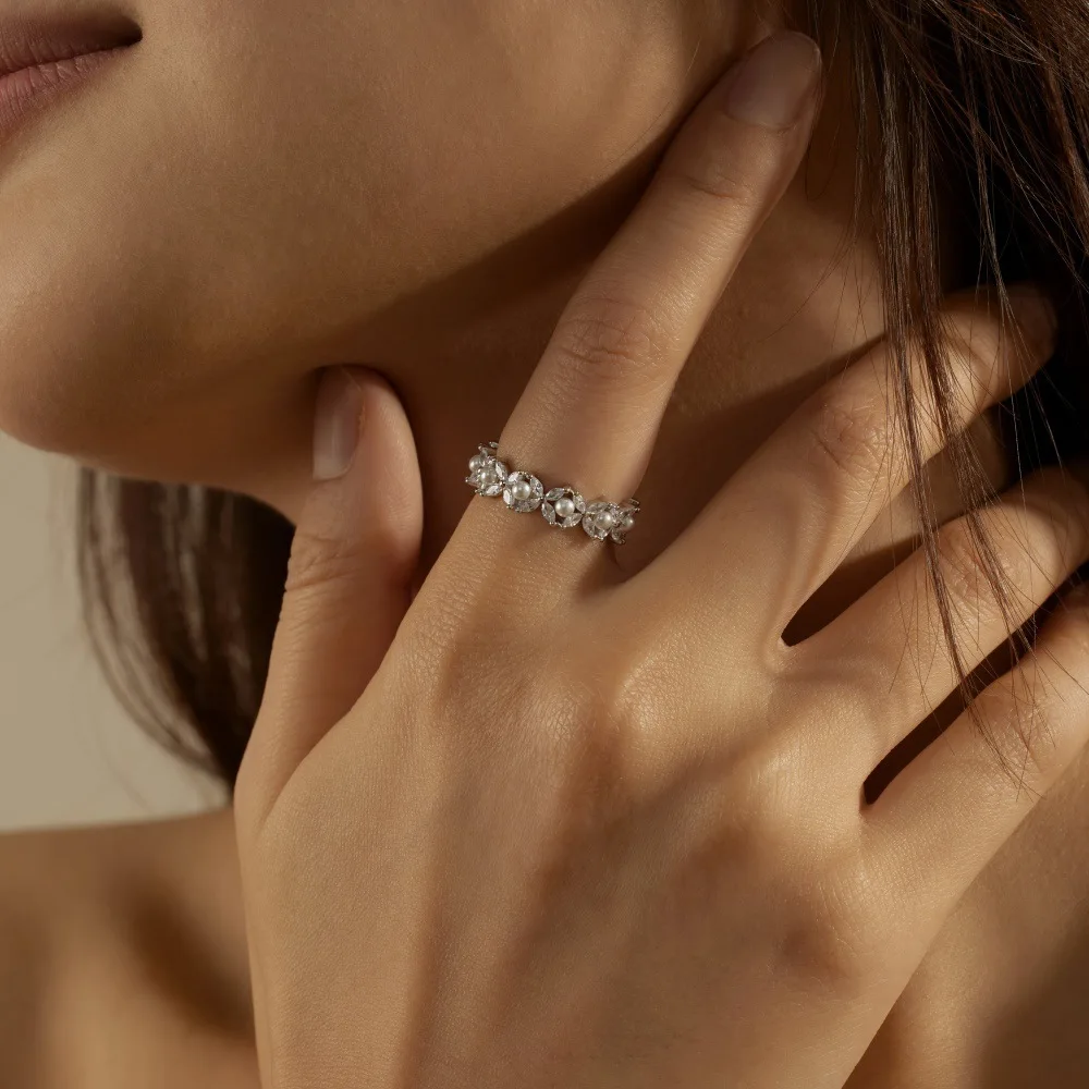 Glowshe Стерлингового Серебра 925 пробы 5А Циркон Жемчуг Цветок Кольцо Банкет