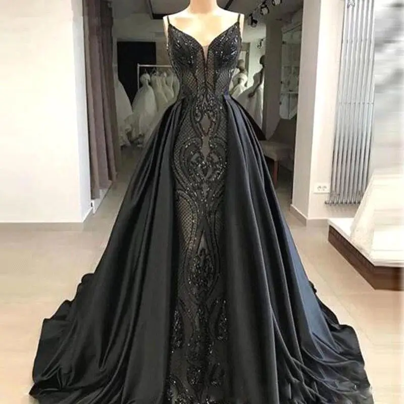 

Vintage Black Long Evening Dresses Spaghetti Straps Lace Mermaid Satin Over Skirts Floor Length Party Prom Gowns robes de soiree