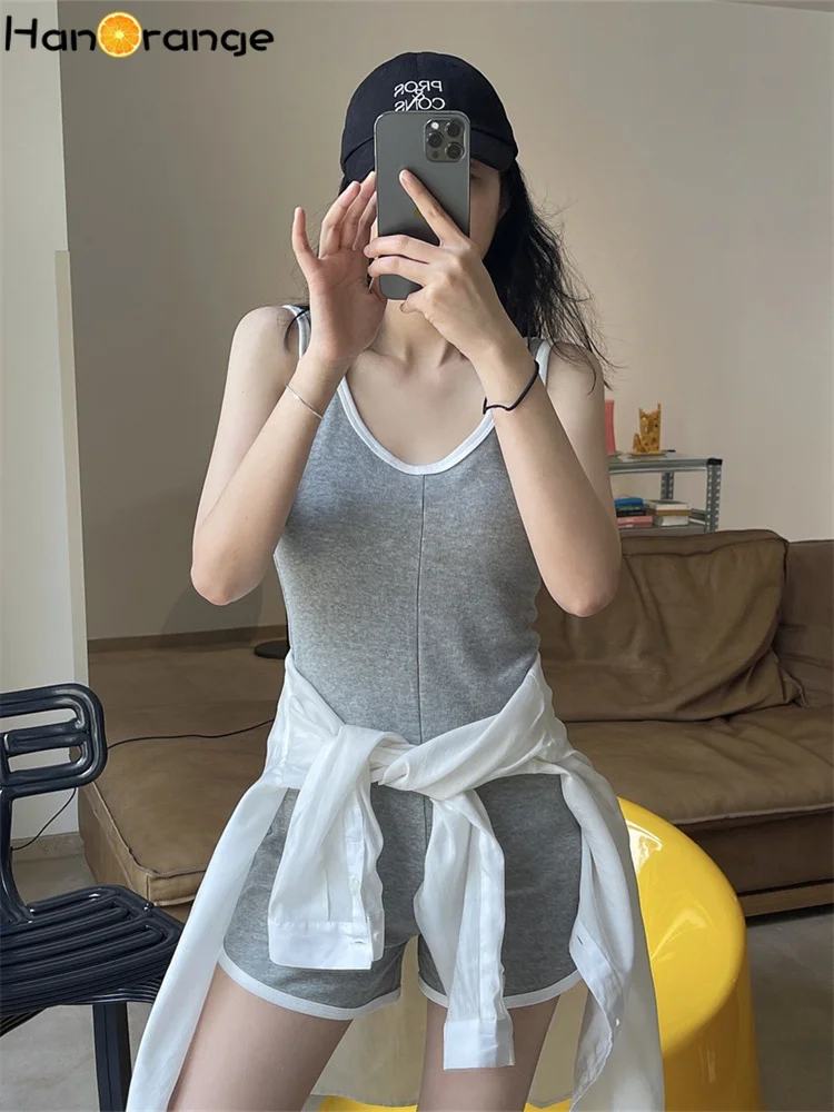 

HanOrange 2022 Summer Fashion Casual Sports Playsuits Shorts Contrast Color Stitching Hot Pants Vest Playsuits Women