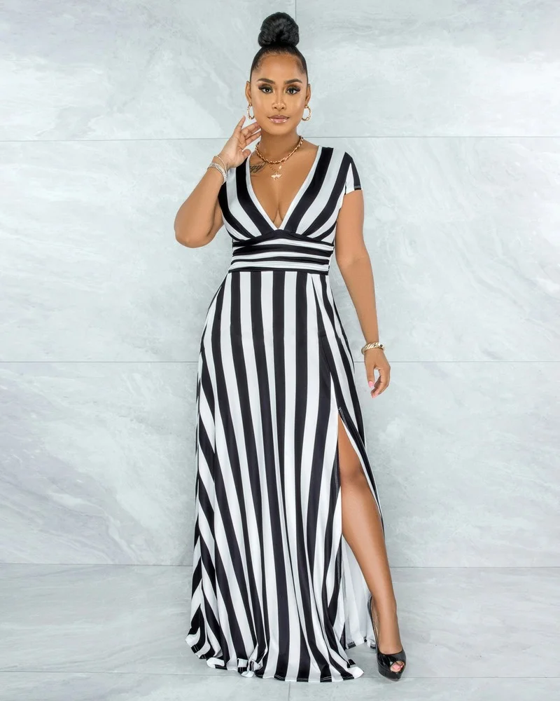 

Sexy Fashion Striped Body Shaping Slit Dresses Women Summer V Neck Big Swing Slimming Female Dress Office Lady Fashion Plus Size