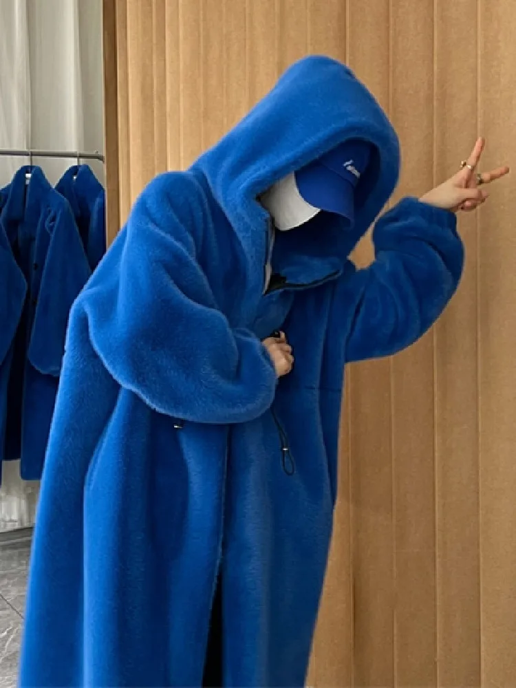 Winter Blue Color Drawstring Waist Warm Hooded Long Faux Fur Coat Casual Long Sleeve Oversized Women Fur Jacket Loose Outwear