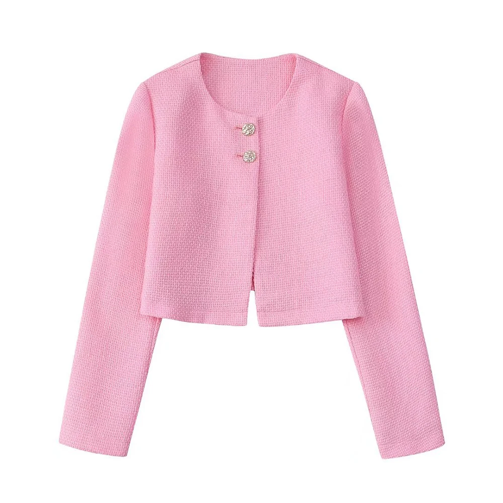 

2022 Summer New Solid Color Round Neck Single Breasted Short Long Sleeve Ladies Textured Jacket Casual Fashion