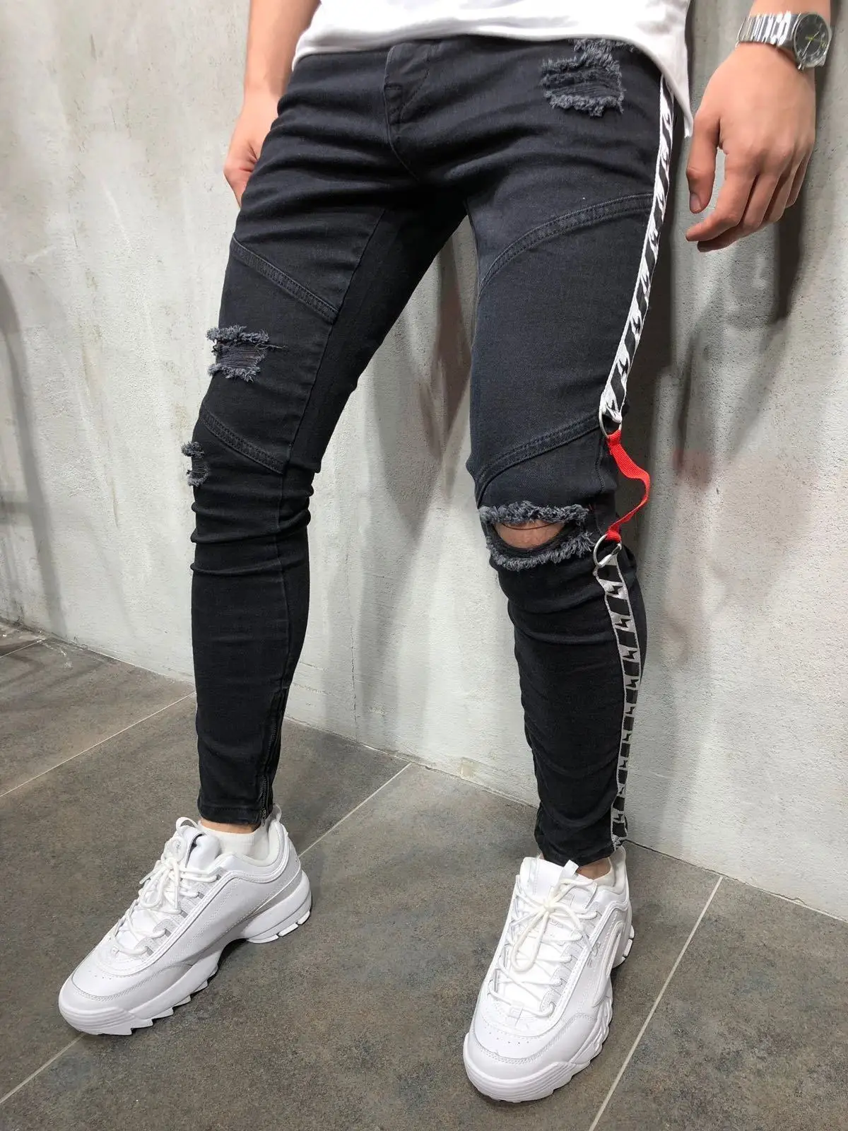 New Mens Jeans Ripped Pull Link Webbing Denim Pant for Men
