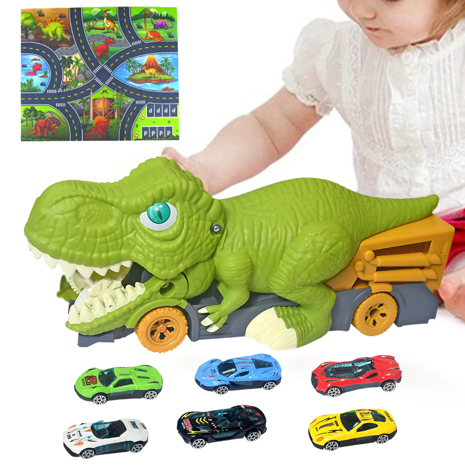 

Dinosaur Truck 1 Dinosaur Truck And 6 Alloy Car Friction Powered Cars Dino Car Playset Toys For Kids Boys Grils