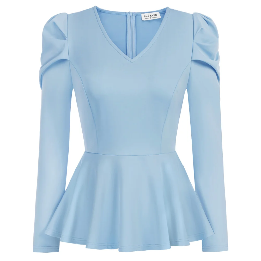 

KK Women's Tops Leg-Of-Mutton Sleeves Tunics Tops Solid Spring Long Sleeve V-Neck Peplum Hem Tops Blusa Feminina 2022