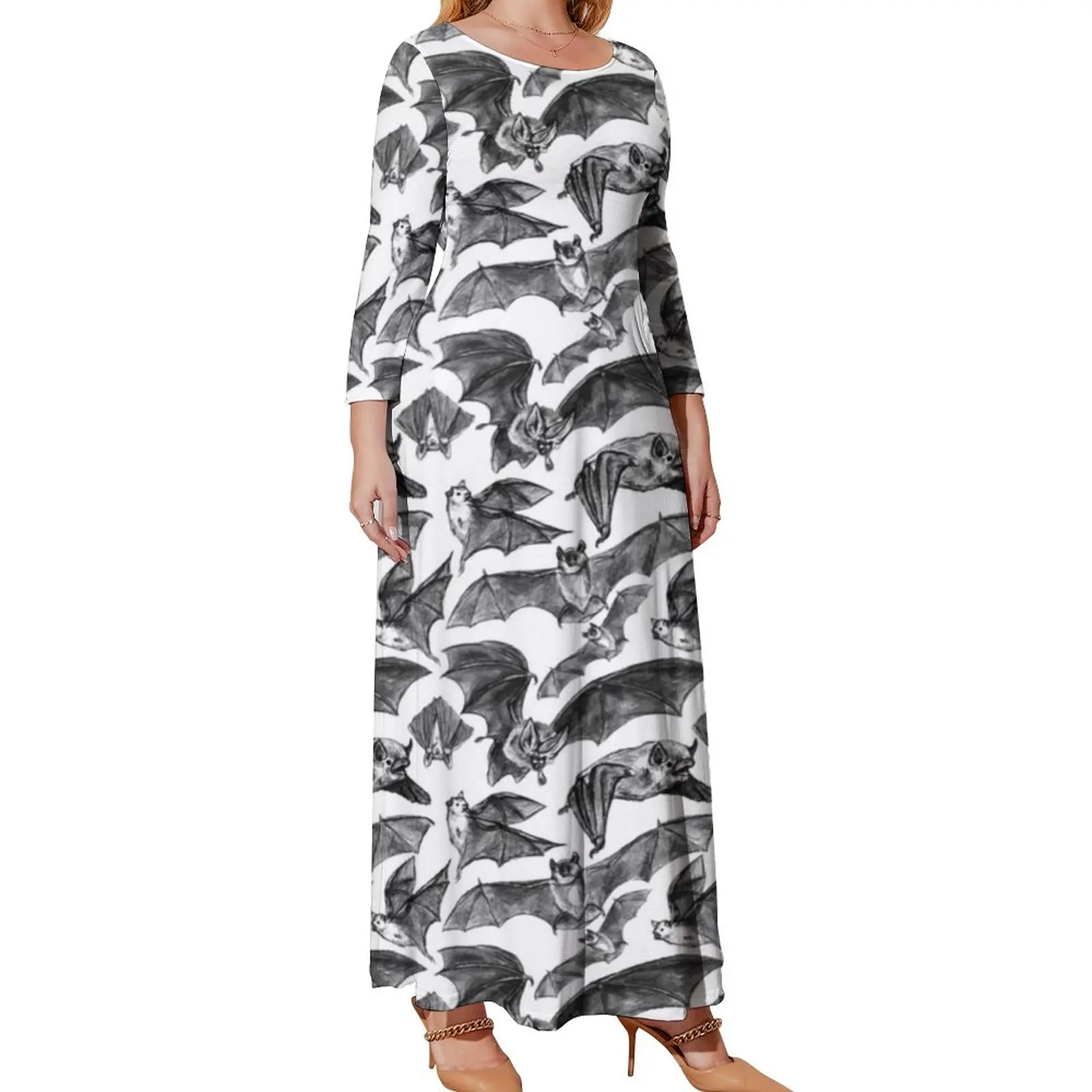 

Bat Pattern Dress Long Sleeve Spooky Flying Bats Elegant Maxi Dress Spring Aesthetic Print Boho Beach Long Dresses Plus Size 5XL