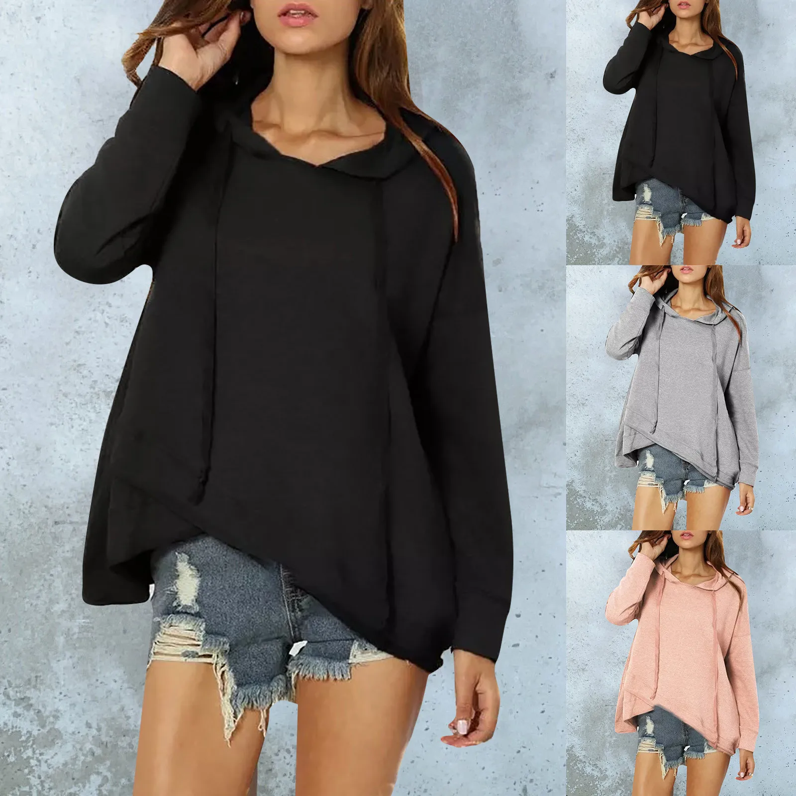 

Двойная толстовка, свитшот, женская блузка, с капюшоном на шнуровке, базовые Топы вечерние, рубашка, Осенний Топ, маленькие женские толстовк...