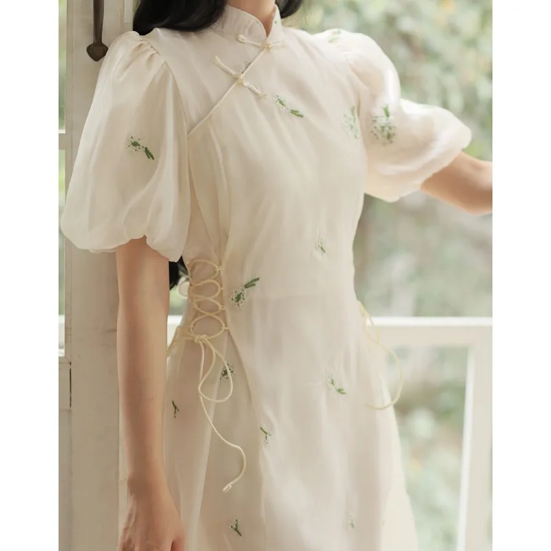 Новинка 2024 китайские винтажные платья-Ципао с пышными рукавами женское летнее