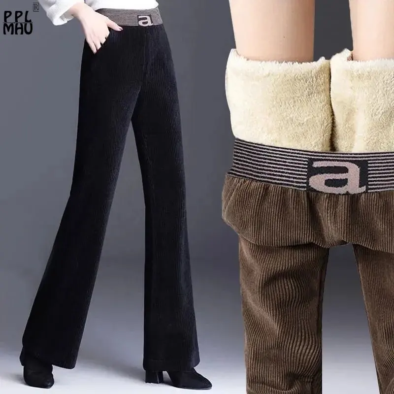 Plus Velvet Thicken Office Flare Trousers Patchwork High Waist Stretch Warm Pantalon Mom's Winter Corduroy Wide Leg Pants Women