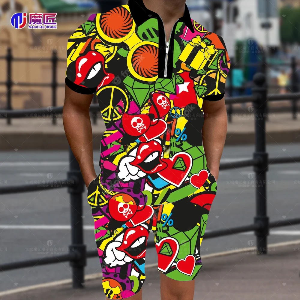 Anime 2023 New Summer Men's POLO Shirt 3D Cartoon Bomb Explosion Print Shorts Strange Shirt Harajuku Hip Hop Magic Shirt Set