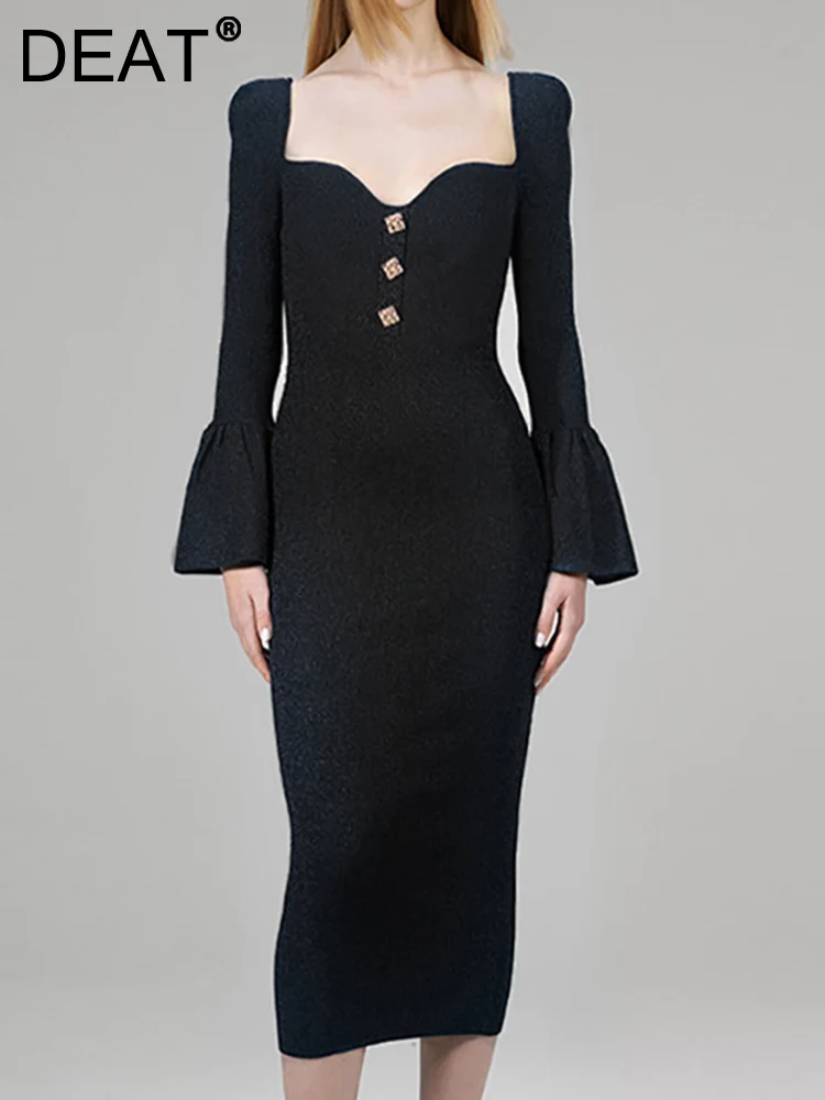 

[DEAT] New Slim Fashion Solid Color Long Sleeve Female Knitting Dress Button Office Lady Dresses Women 2023 Spring 13DB654