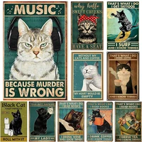 cat painting metal sign cat and music tattoo drink napkin read wash paw bake yoga vintage tin plate wall poster home decor