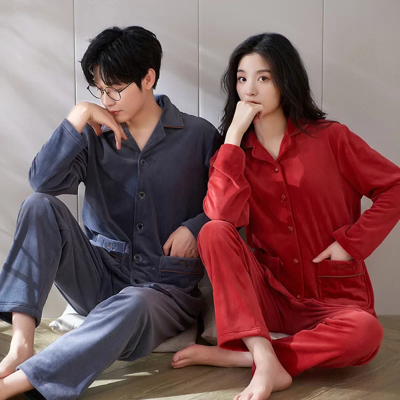 Couple Island Velvet Pajamas Autumn/Winter Men Lapel Simple Fashionable High End Casual Outer Wear Sweet Women's Homewear Suit