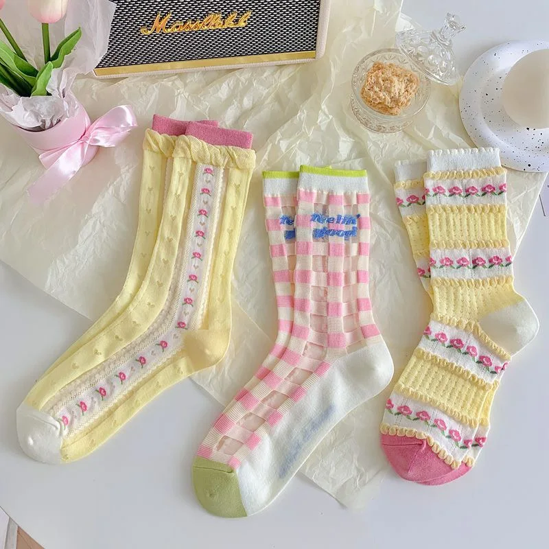 Gothic Lolita Girl's Socks Half Socks for Women Summer Pink Yellow Girl Sweetheart Mesh Flower Plaid Fiber Spliced