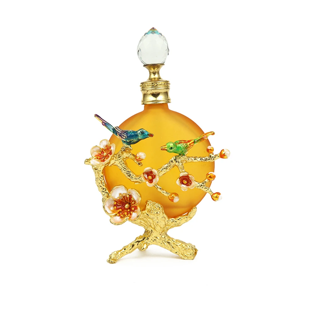 Vintage Perfume Bottle 30ML/1oz Yellow Glass 3D Enamel Birds Flower Branch Pattern Clear Crystal Cap European Court Old Chinese